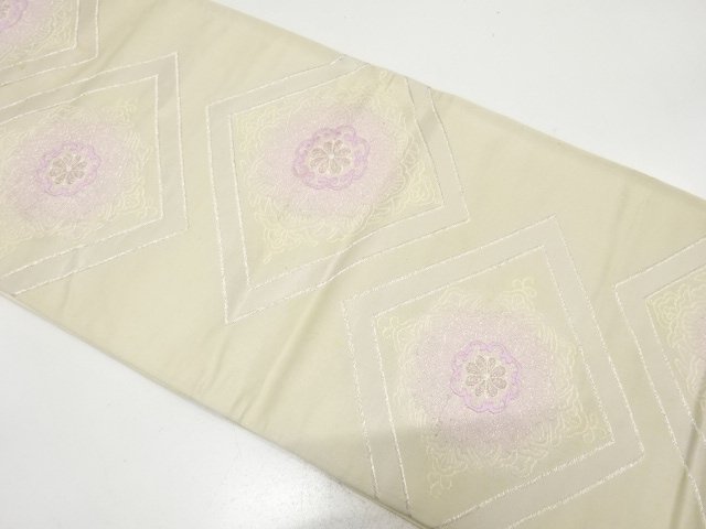 JAPANESE KIMONO / ANTIQUE FUKURO OBI / SILK / WOVEN RHOMBUS & FLORAL CREST